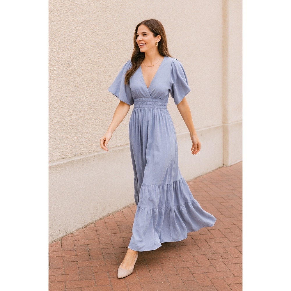Ricarica Maxi Dress Blue V‎ Neck Smocked Waist Short Sleeve Tiered Skirt Women L